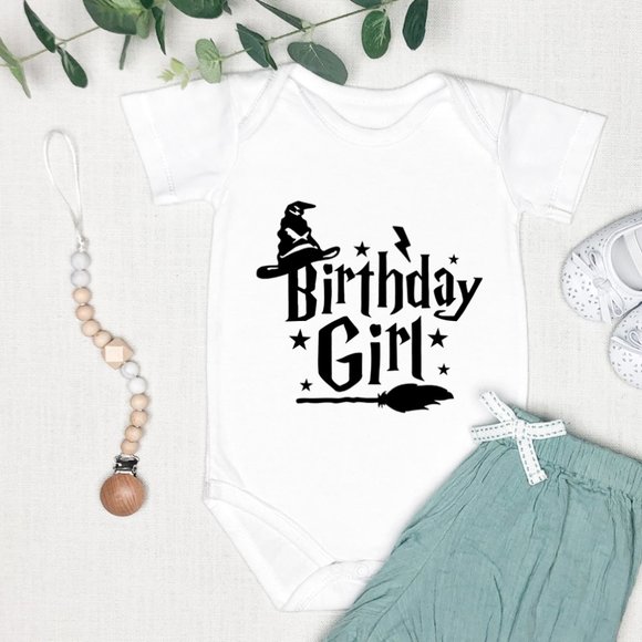 *NEW* Baby Onesie - Birthday Girl - Harry Potter Theme - White, 100% Cotton - Picture 1 of 5